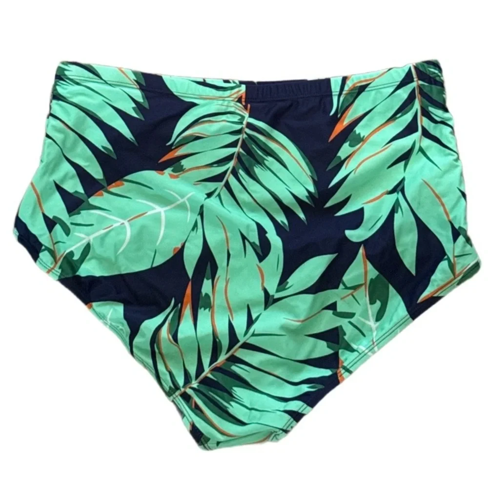Navy Blue Molded Bikini Top Retro High Waist Tropical Bottoms NWOT Size XXL